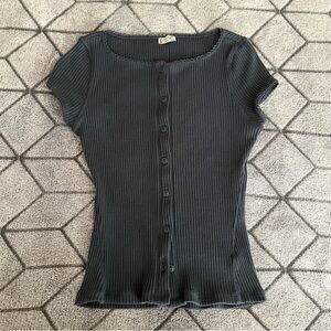 Free People Navy Short Sleeve Ribbed Cardigan